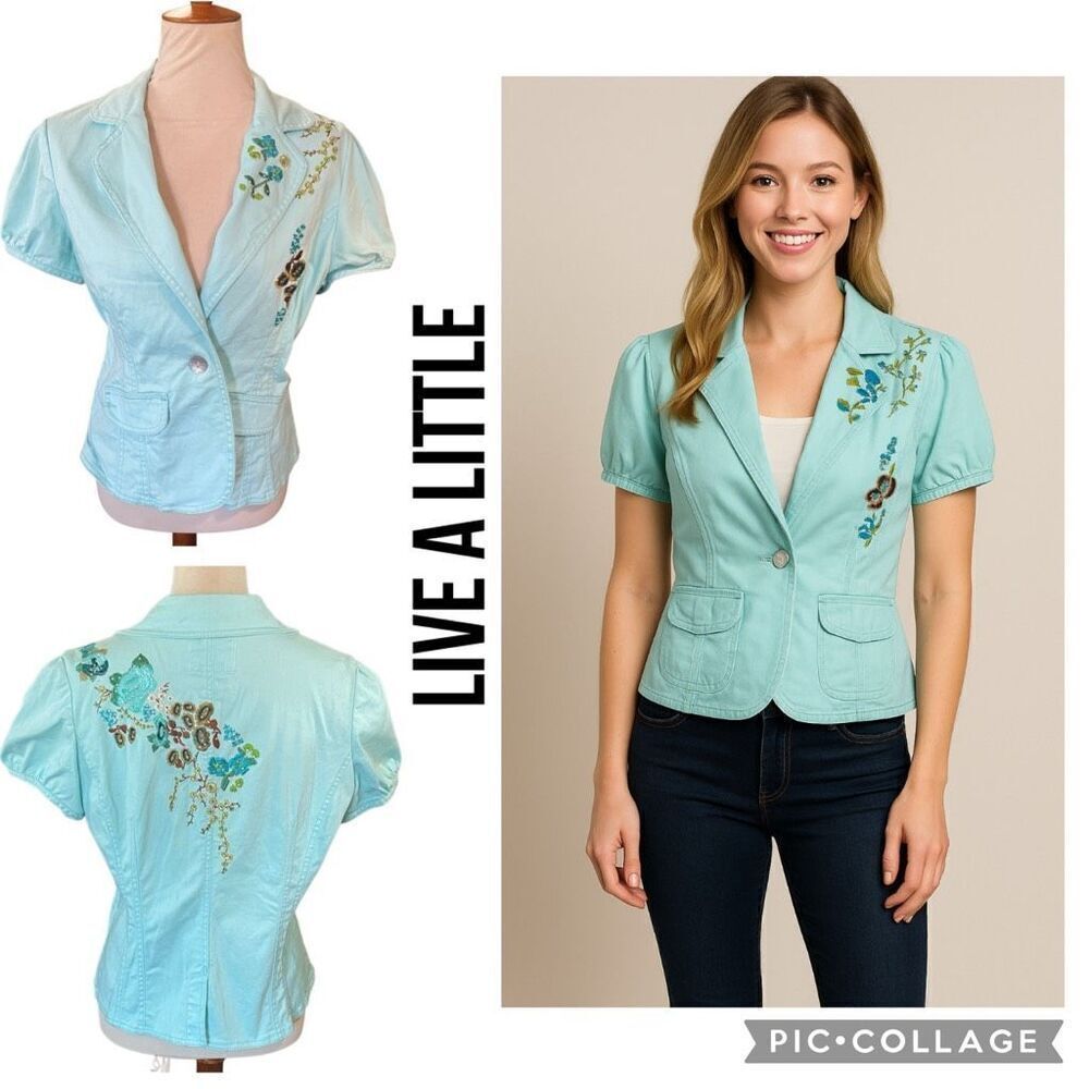 Live A Little Aqua Blue Embroidered Rhinestone Lightweight Jacket Size Medium